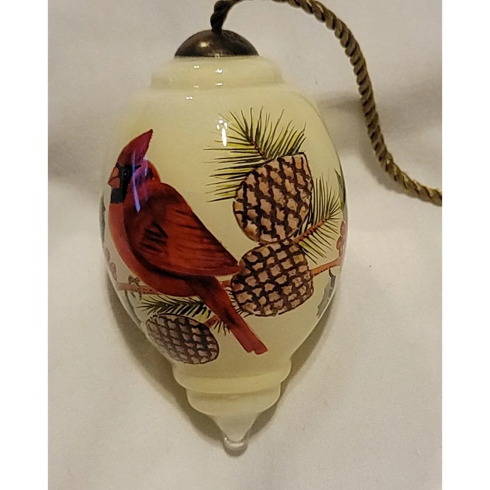Ne'Qwa Art Hand Blown Glass Reverse Painted Cardinal, Holly, Pine Cones Ornament